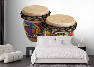 Two Colorful Wooden Drums With A Black String Around Them, Musical Instrument, Clipart, Illustration, Isolated On Transparent Background. Wall mural