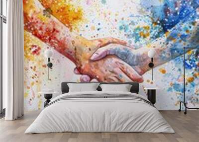 Two hands shaking in a painting. The painting is colorful and has a lot of splatters. The idea of the painting is to show the importance of shaking hands and making connections with others Wall mural