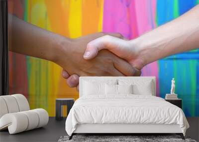 Two hands shaking in front of a colorful wall. Concept of unity and friendship between the two people Wall mural