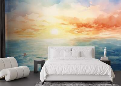 Two people are swimming in the ocean at sunset,watercolor illustrations ,summer season. Wall mural