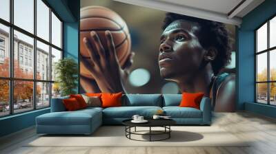 A basketball player pausing to breathe deeply, practicing mindfulness before taking a free throw Wall mural