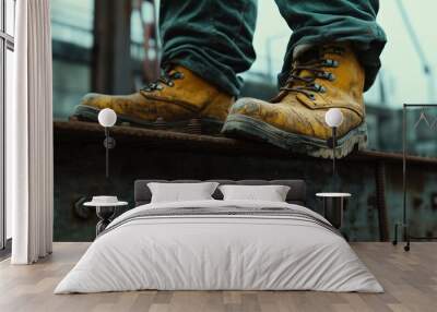 A close-up of sturdy safety boots stepping on a steel beam, with rivets and bolts visible beneath, the industrial backdrop hinting at the ongoing construction work. Wall mural