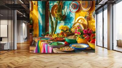 A festive Mexican fiesta table, adorned with colorful decorations and traditional dishes. Wall mural