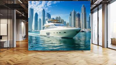 A luxurious yacht sailing along the Dubai Marina, with the modern skyscrapers creating a stunning backdrop Wall mural