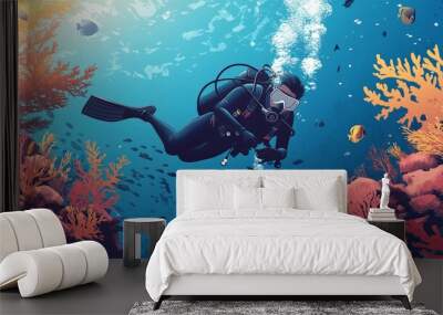 A marine biologist scuba diving to observe marine ecosystems, studying coral reefs, fish, and ocean plants in their natural habitats. Wall mural