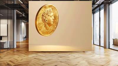 A single, detailed image of a gold coin floating against a plain backdrop, representing the allure and value of precious metals. Wall mural