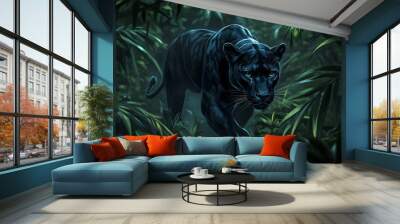 A sleek black panther stealthily moving through the dense jungle, with its powerful muscles and glossy fur blending into the dark foliage. Wall mural