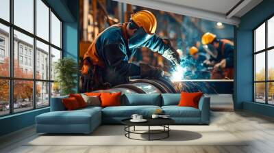 A team of welders works on a large construction project in a heavy manufacturing plant.  Wall mural