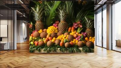 A tropical fruit display with mangoes, pineapples, and coconuts, creating an exotic and colorful presentation Wall mural