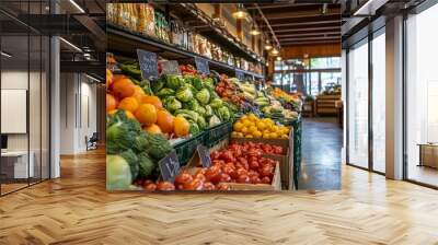 A vibrant neighborhood market with a range of local foods, from fresh produce and homemade goods to regional specialties, reflecting the community's flavors. Wall mural