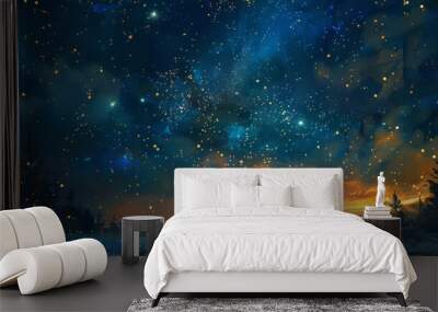 A woman stood looking at the night sky with beautiful twinkling stars. The night was calm and still, the stars twinkling like diamonds against the dark backdrop, creating a serene Wall mural