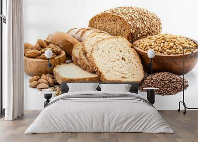 A wooden cutting board with a loaf of bread and some grains on it Wall mural