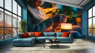 An elderly person using a smart home device with voice commands to control lighting and security systems, demonstrating how technology can improve accessibility in daily life. Wall mural