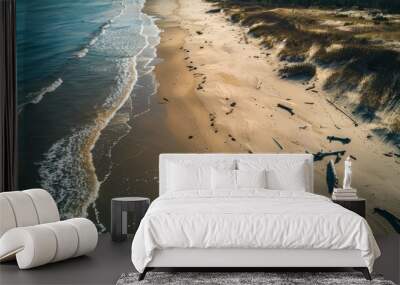 Capture an aerial perspective of a deserted beach, with footprints in the sand and driftwood scattered along the shore. Wall mural