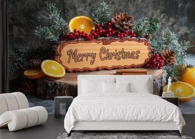 Celebrate the joy of the festive season with a beautifully decorated merry christmas display featuring natural elements and warm colors Wall mural