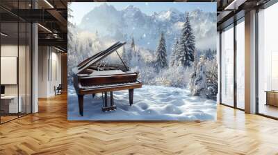 Create an image of a grand piano in a snowy landscape, perhaps in a mountain cabin or open field. Emphasize the contrast between the cold, white snow and the rich, warm tones of the piano. Wall mural