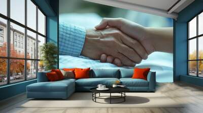 Depict a person holding hands with a loved one in a hospital, their kindness providing strength and comfort during a difficult time. Wall mural