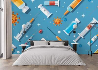 Design a graphic of various vaccine vials and syringes, symbolizing the global vaccination efforts to combat COVID-19. Wall mural