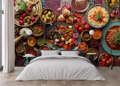 Design a Ramadan recipe book cover featuring traditional dishes, colorful ingredients, and festive decorations. Wall mural