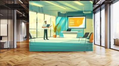 Design a scene of a professional giving a presentation using a laptop and projector in a modern conference room. Wall mural