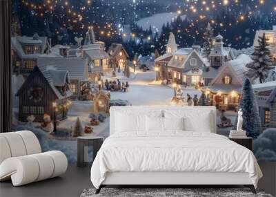 Design a snowy winter scene with a small town decorated for Christmas, featuring lighted streets, wreaths on doors, and a festive market. Wall mural