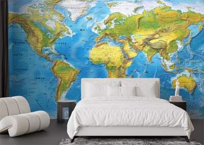 Develop a world map that shows the current political boundaries of all countries. Include major cities and significant geographic features like rivers and mountains. Wall mural