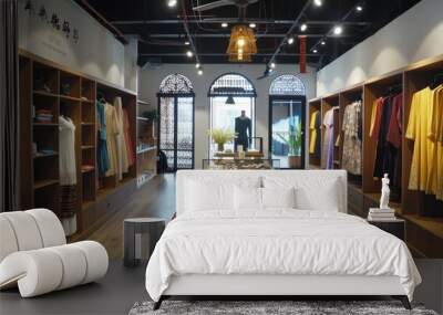 Envision a serene boutique in Penang, where traditional Malaysian attire and modern fashion coexist. Wall mural