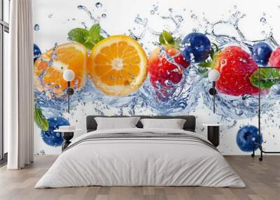 Fresh fruits and water splashes, clear blue water splash, healthy food, food, freshness concept, isolated on white background. Wall mural