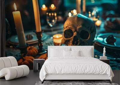 Hosting a murder mystery dinner party with a Halloween twist, where guests must solve a spooky whodunit. Wall mural