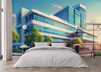 Illustrate a modern hospital building with sleek design and advanced medical facilities, highlighting the architecture of healthcare. Wall mural