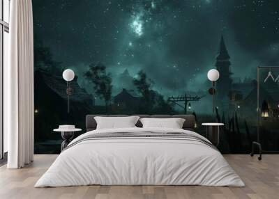 Show a cursed village with abandoned houses, flickering lanterns, and an eerie silence, under a dark, starry sky. Wall mural