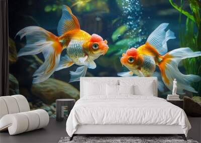 The aquarium fish tank comes to life with the Oranda goldfish's beautiful colors and flowing fins. Its gentle swimming creates a peaceful and mesmerizing underwater scene. Wall mural