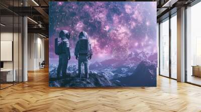 Two Astronauts in Space Suits Stand on the Planet and Looking at the The Milky Way Galaxy. In the Background Lunar Base with Geodesic Dome. Moon Colonization and Space Travel Concept. Wall mural