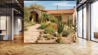 Write about the sustainable irrigation systems supporting a desert-adapted house exterior. Wall mural