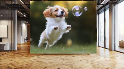 Adorable Puppy Leaping Through a Field Chasing a Bubble in the Soft Glow of Nature Wall mural