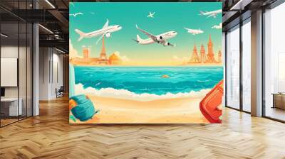 Beach Vacation Scene with Airplanes and Global Landmarks Artistic Illustration Wall mural