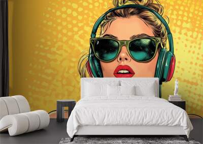 Female Singer with Retro Microphone in Stylized Pop Art Portrait Wall mural