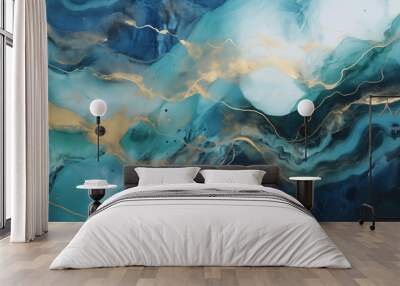 Golden Swirls in Ocean Blue Abstract Background Wall mural