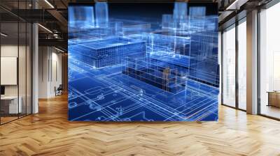 Illuminated Digital Blueprint of Industrial Facility Wall mural