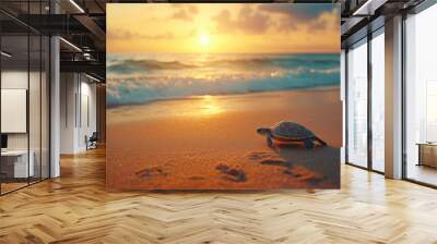 Turtle Crawling on Sand at Dusk Toward Ocean Waves Under Setting Sun Wall mural