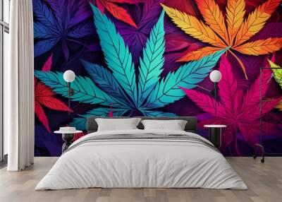 Vibrant Multicolored Cannabis Leaves Abstract Illustration With Neon Hues On Dark Background Wall mural