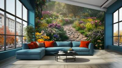 A serene garden with a variety of colorful flowers and a stone pathway. Wall mural