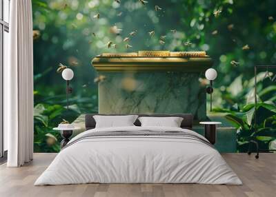 a beehive stands in the middle of a marble podium. the colors of the podium are gold and light green, honey drips from the sides of the podium, the bees fly. In background a lush green garden Wall mural