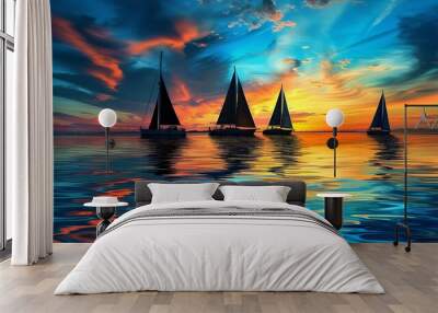 artistic and visually striking alchohal ink painting of a harbor at sunset , with sailboats silhouetted against a blue and orange sky Wall mural