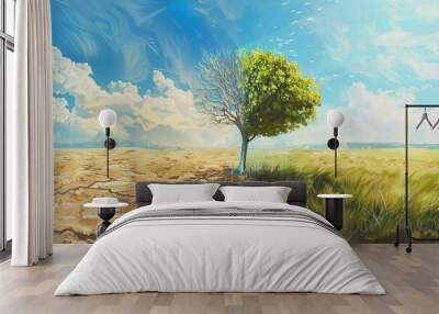 double style illustration from a dry, barren land, and a realistic green nature and prosperity.  Wall mural