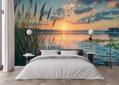 lakeside dense reeds, dragonflies dance over the water in the summer sunset Wall mural