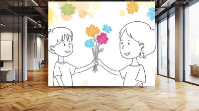 line art mother's day scene. A boy with a smile on his face gives a bouquet of flowers to his mom Wall mural