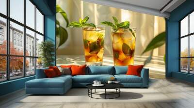 product shot of cocktails in glasses on the table with mint leaves Wall mural