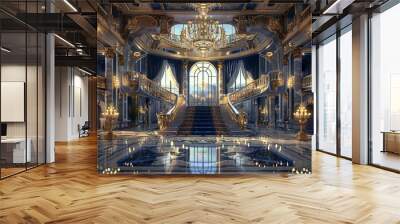 Sophisticated, elegant ballroom with chandeliers, grand staircase and luxurious decor Wall mural