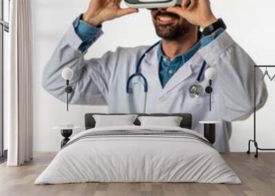 close-up of a young doctor smiling with virtual reality goggles on a white background Wall mural